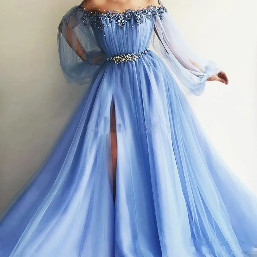 Off The Shoulder Evening Dresses Puff Sleeves Appliques Beaded Tulle Split Light Sky Blue Party Gowns Lavender Prom Dresses