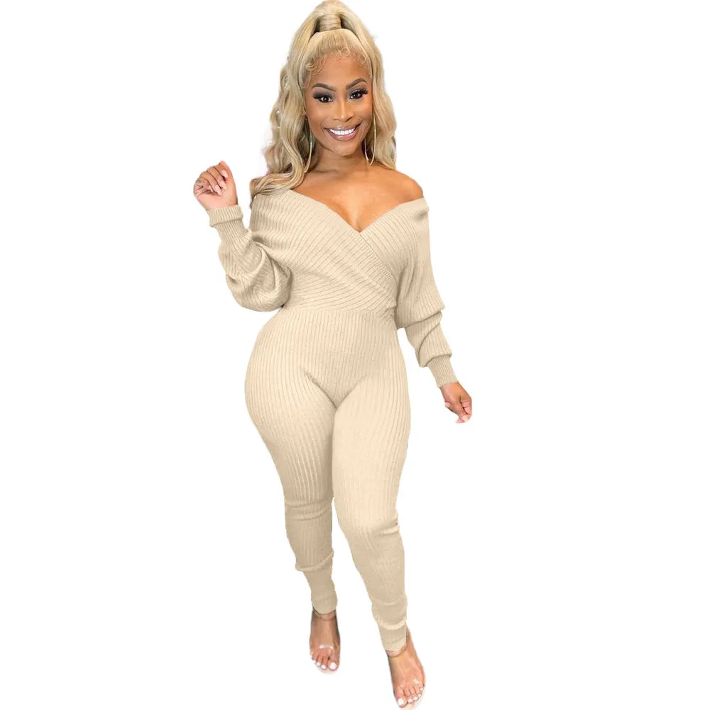 Bulk Knitted Ribbed Jumpsuits Women Long Sleeve Rompers Fall Winter Clothes V Neck Bodycon Jumpsuits Casual Solid Overalls Knit Jumpers Leggings 8417