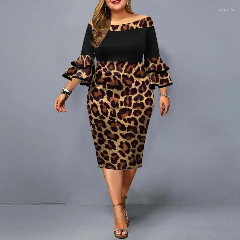 Ethnic Clothing Plus Size Dress 2022 Elegant Leopard Printed Year Evening Party Lady Flare Sleeve MIdi Women 4XL 5XL