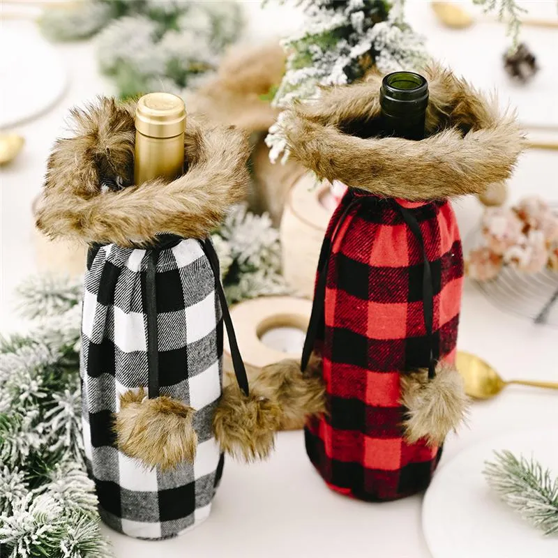 Buffalo Plaid Butelka do wina okładka dekoracyjna sztuczna futro mankiet Sweter butelka do wina torby na prezent imprezowy ornament rra788