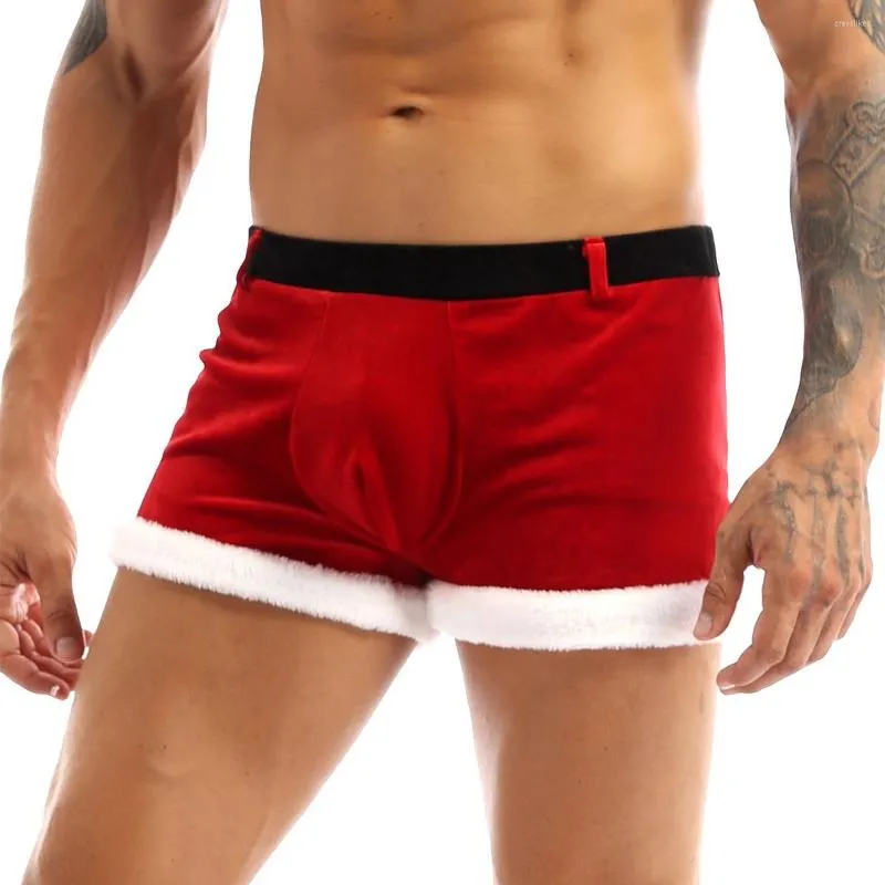 Caleçons Hommes Lingerie De Noël Sous-Vêtements Carnaval Fête De Vacances Tenue Velours Boxers Mémoires Large Ceinture Élastique Bulge Pouch Shorts