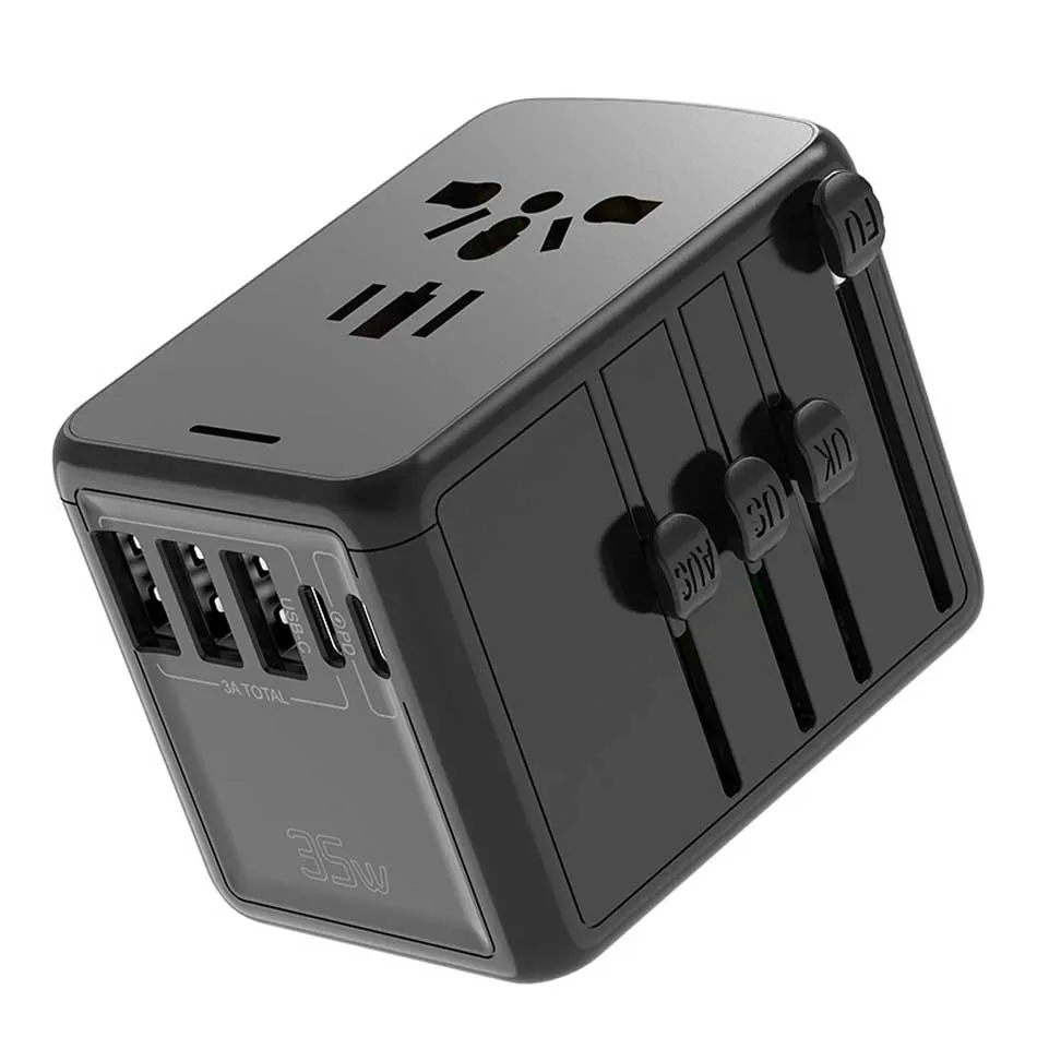 Adattatore da viaggio universale PD 35W Caricatore rapido QC Spina da viaggio internazionale europea Convertitore di potenza 3 prese CA USB 2 tipo C USA/EU/AU/UK