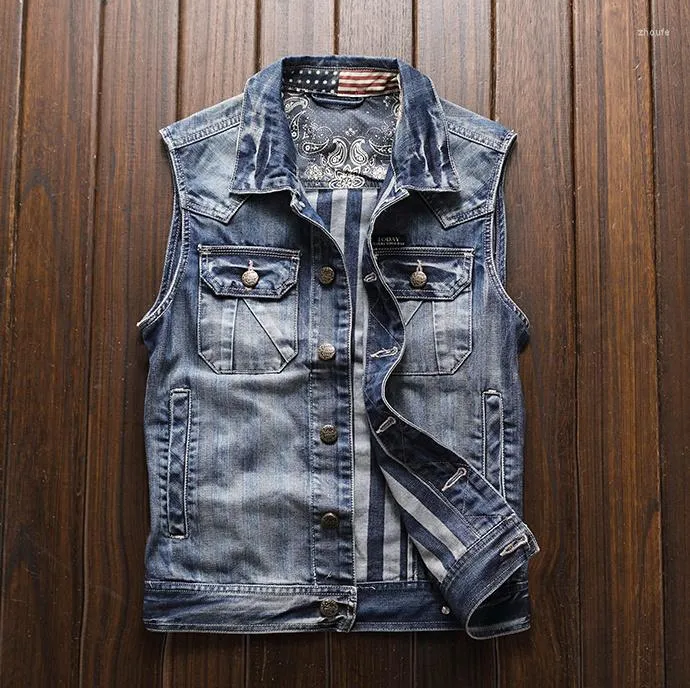 Gilets pour hommes Style de haute qualité Hommes Casual Printemps Japon Été Denim Gilet Moto Biker Cowboy Veste Sans Manches Taille Asiatique S-3XL