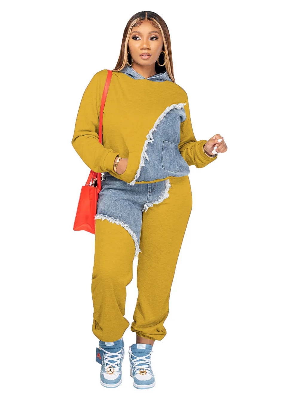 Denim Hoodie Womens Jogger Tracksuit Set For Fall Winter Outdoor