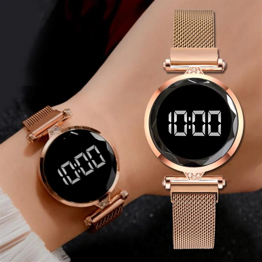 豪華なLED女性磁気ブレスレット時計ローズゴールドデジタルドレスウォッチクォーツ腕時計レディースクロックレロジオフェミニノ253Q
