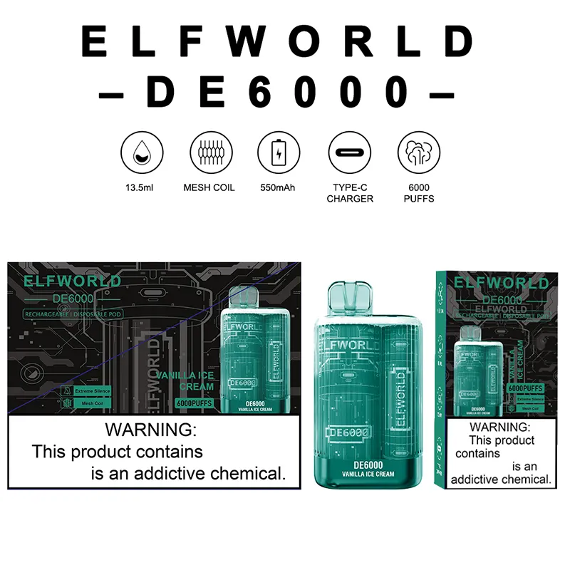 Original Elfworld DE6000 Puffs Disposable Vape Pod E Cigarette With Rechargeable 550mAh Battery Prefilled 13.5ml Carts 6000  Pen VS Elf Lost Mary Box