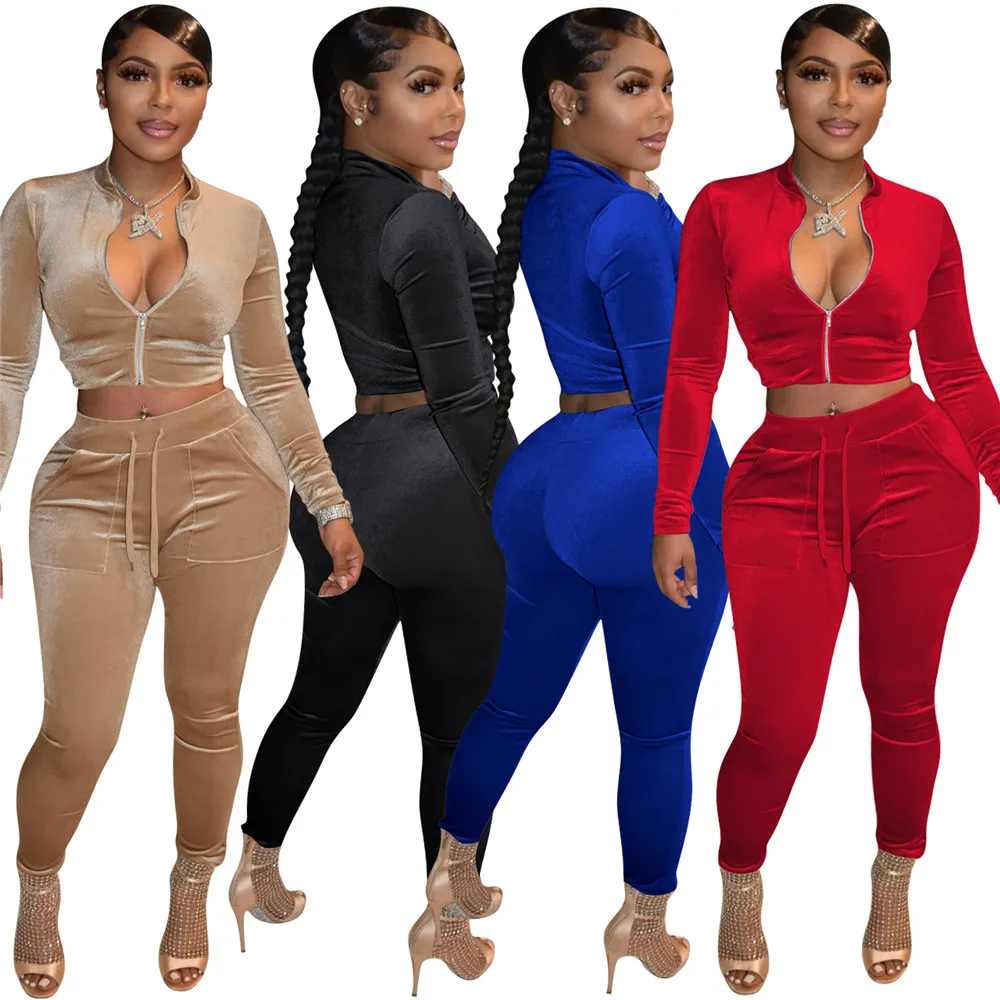 Vente en gros Golden Velvet Survêtements Femmes Deux Pièces Ensemble Automne Hiver Vêtements Survêtements À Manches Longues Veste Et Pantalon Ensembles Assortis Casual Velour Sportswear 8317