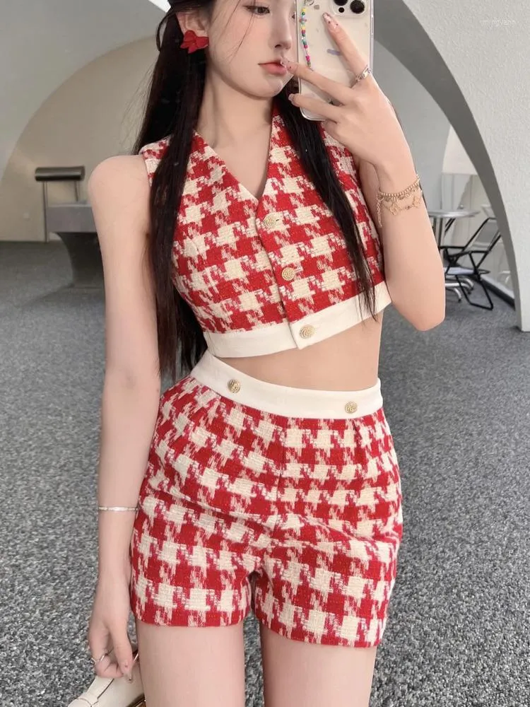 Survêtements pour femmes Mode d'été Casual Houndstooth Tweed 2 pièces Ensemble Femmes Débardeur Crop Top Shorts Costumes Rouge Sexy Petit Parfum Deux Pièces