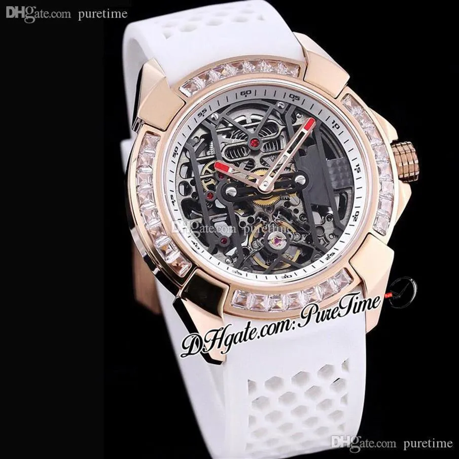 EPIC-X EX100 43 LD OP ALD4AT 자동 TOURBILLON MENS 시계 44mm 로즈 골드 바게트 스퀘어 컷 다이아몬드 베젤 스켈레톤 다이얼 화이트282I