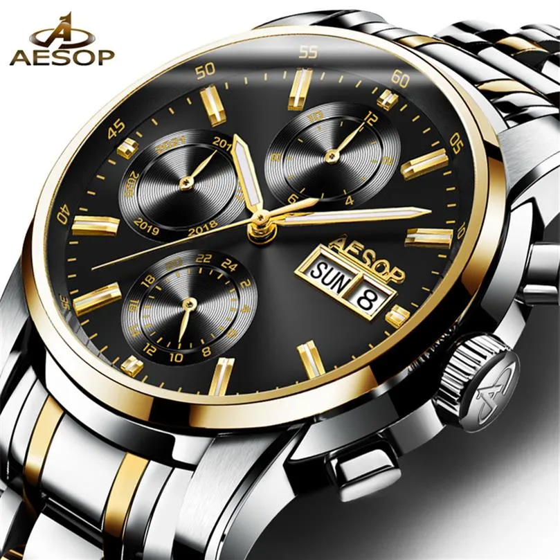 Aesop lyxig automatisk mekanisk klocka Mens Watches Top Brand Luxury Full Steel Waterproof Sport Watch Relogio Masculino314e