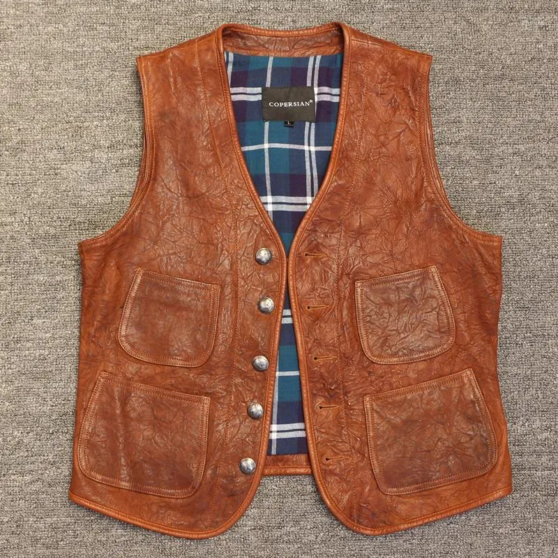 Men's Vests High Quality Leather Vest Motorcycle Biker Men's Sleeveless Jacket Vintage Casual Brown Genuine Sheepskin Waistcoat S-3XL