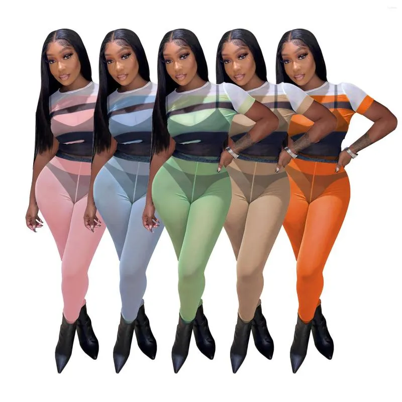 Calças femininas de duas peças moda impressa mulheres malha 2 conjunto elástico legging combinando sexy ver através de 2022 festa clube outfits