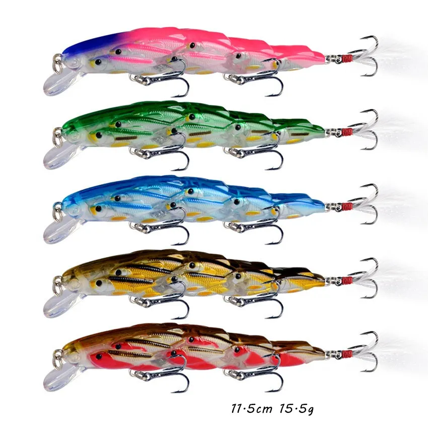 11,5cm 15.5g Minnow Hook iscas duras iscas 6# ganchos agudos 5 cores engrenagem de pesca plástica mista 5 peças / lote BL-13