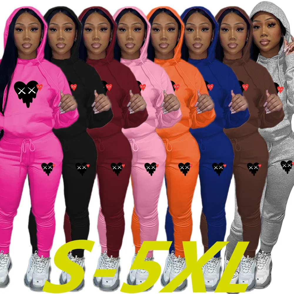 2024 Designer Mulheres Tracksuits Coração Imprimir Jogging Terno Casual Dois Conjuntos de 2 Peças Outfits Manga Longa Hoodies Calças Terno Plus Size Outono Inverno Roupas Atacado 8922