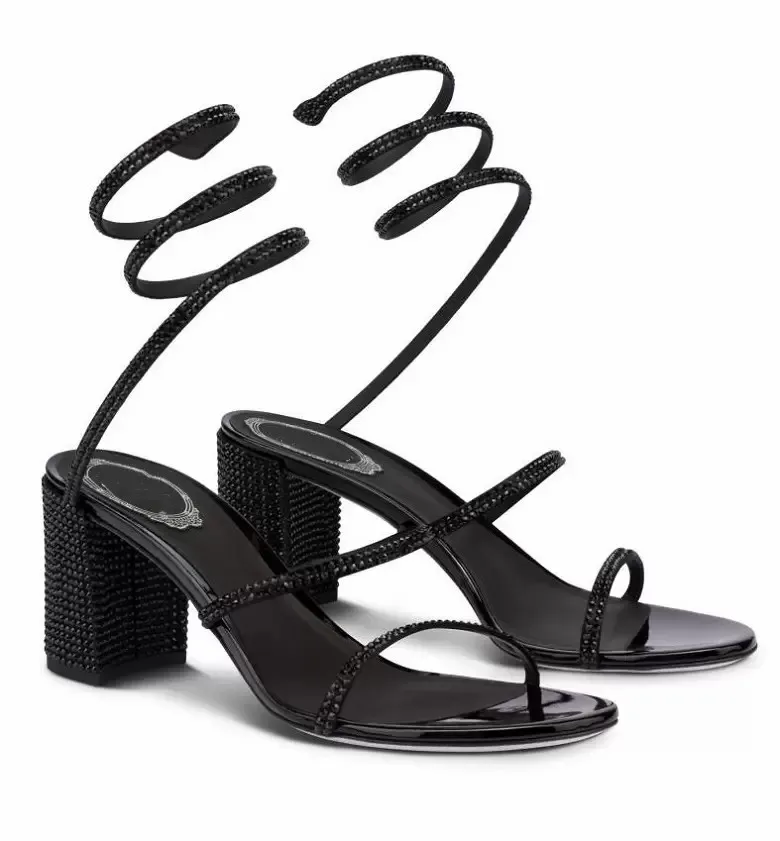 Cleo Cristalli Sandali con tacco grosso impreziositi Strass neri Scarpe da sera da donna con tacco alto 75mm Designer di lusso Avvolgenti Calzature per calzature
