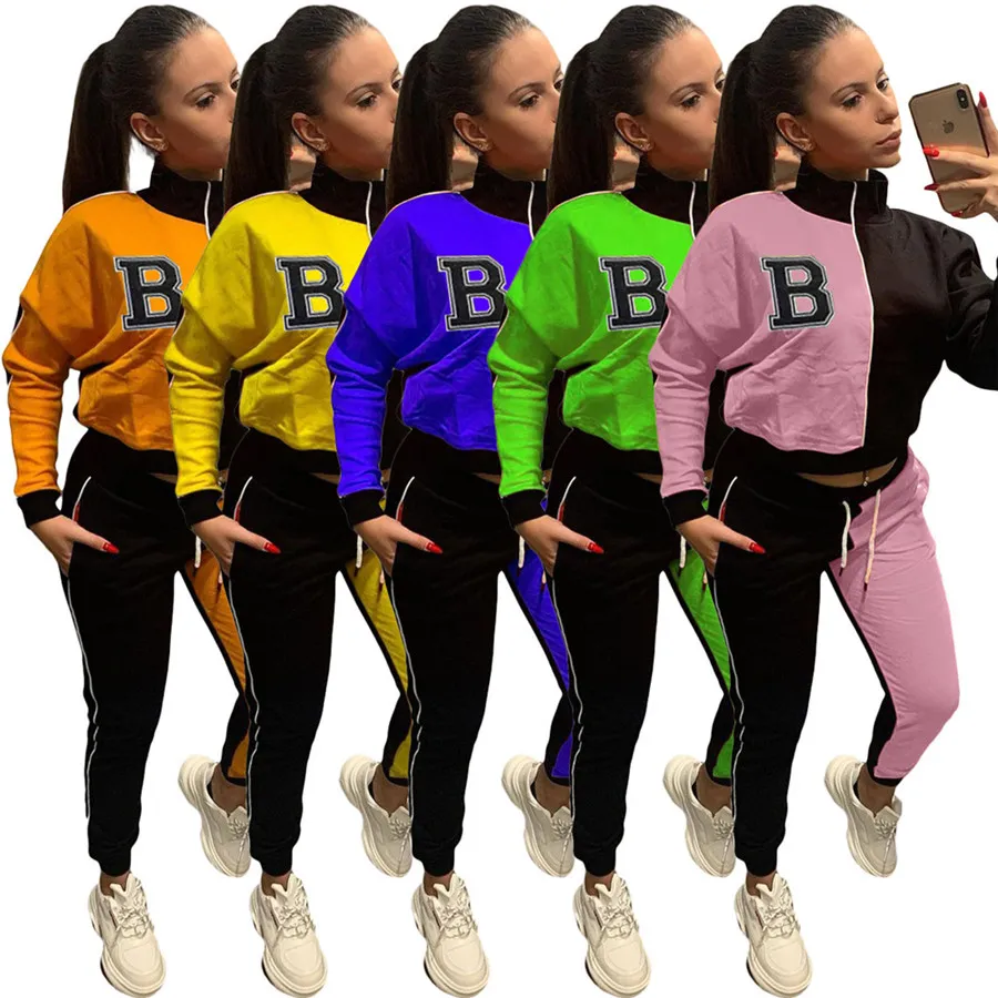 Plus la taille 3XL Sweatsuits Femmes Automne Hiver Survêtements À Manches Longues B Vestes Pantalons Deux Pièces Ensemble Assorti Patchwork Tenues Casual Sportswear Vêtements 9088