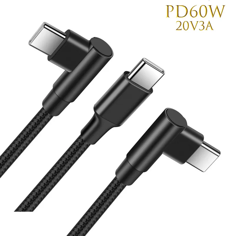 PD 60W Dubbele elleboog snel opladen USB C-kabel voor MacBook Pro Type C naar USB-C QC4.0 Gegevenskoord Type-C-kabels voor Samsung Xiaomi