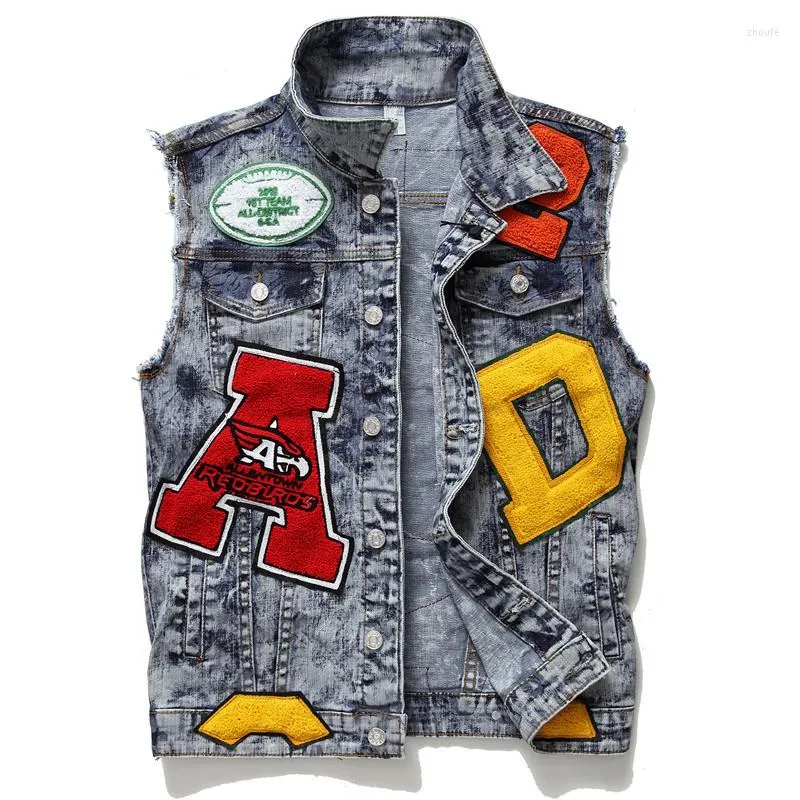 Mäns västar högkvalitativa lappar Men denim broderade västbokstäver ärmlös jacka Hip Hop Biker Waistcoat