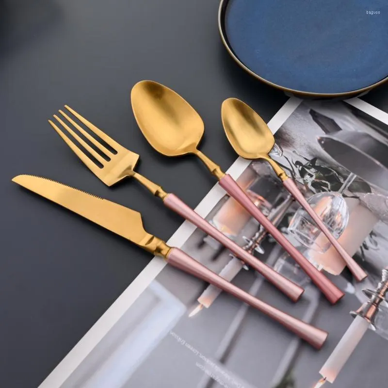 Flatware Sets AJOYOUS 24Pcs Dinnerware Set Pink Gold Dinner Luxury Knife Fork Tea Spoon Cutlery Stainless Steel Tableware