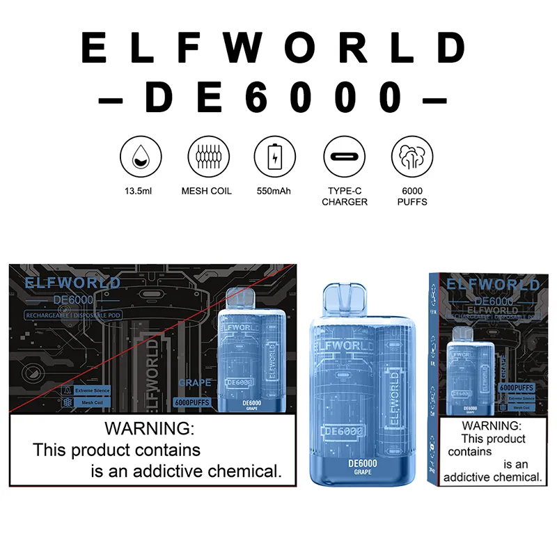 Original Elfworld DE6000 Puffs Disposable Vape Pod E Cigarette With Rechargeable 550mAh Battery Prefilled 13.5ml Carts 6000  Pen VS Elf Lost Mary Box