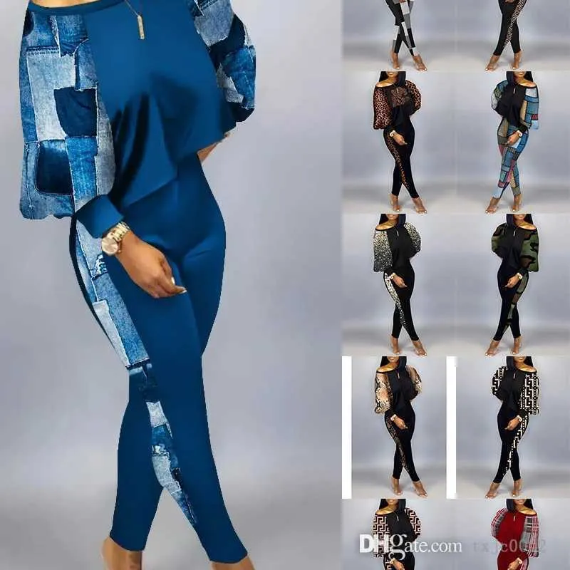 2023 Spring Fall Kobiety spersonalizowane spodnie drukowane stroje seksowne szwy kontrast upraw top legginsy garnitur 2 -częściowe pasujące zestawy