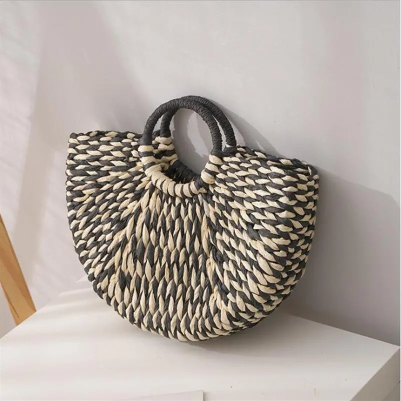 Nouveau seau rond demi-cercle sac de paille fait à la main couleur pure tissé panier rotin sac à main 278C