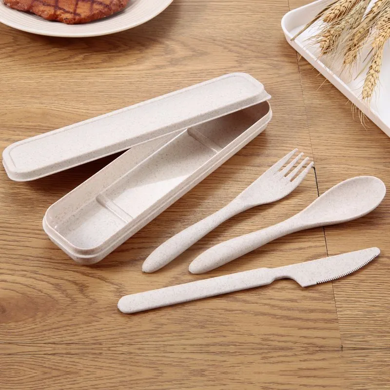 Flatware Set Travel Cutlery Portable Cutlery Box Japan Style Wheat Straw Knife Fork Spoon Student Dinnerware Sets Kitchen Tableware RRD96