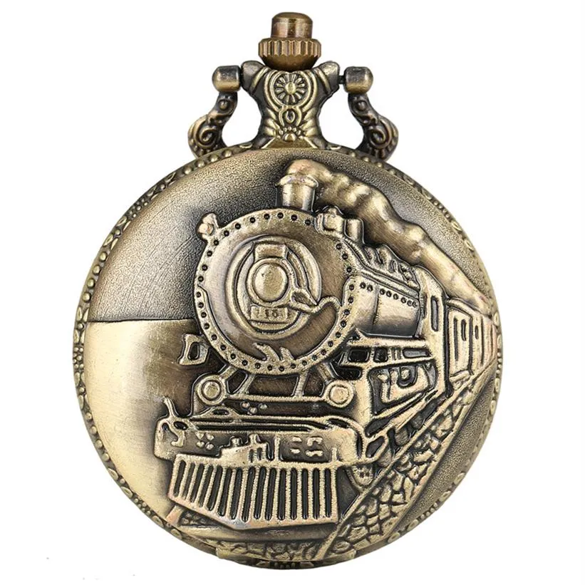 Vintage Bronze Train Avant Locomotive Moteur Chemin De Fer Quartz Montre De Poche Steampunk Pendentif Chaîne Femmes Hommes Gift246C