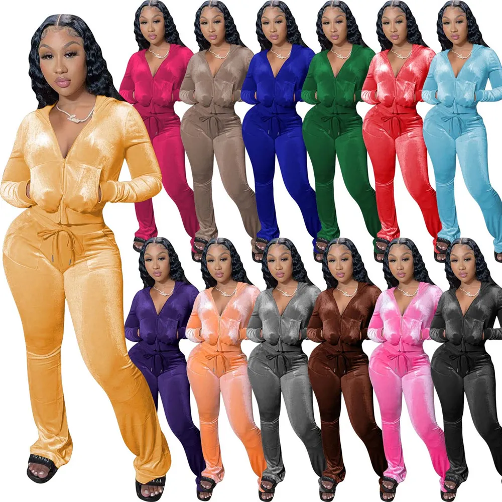 Designer Velvet Tracksuits Fall Winter Women Sweatsuits Lång ärm Huvjacka och flarebyxor Två stycken Set Outfits Casual Sports Suits Bulkkläder 8312