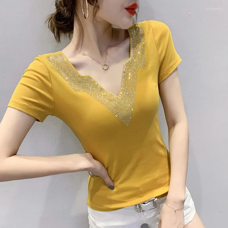 Women's T Shirts Summer European Clothes Casual T-shirt V-ringning Shiny Diamonds Women Topps Sexig Back Patchwork Lace Mesh Drilling Tees 9327