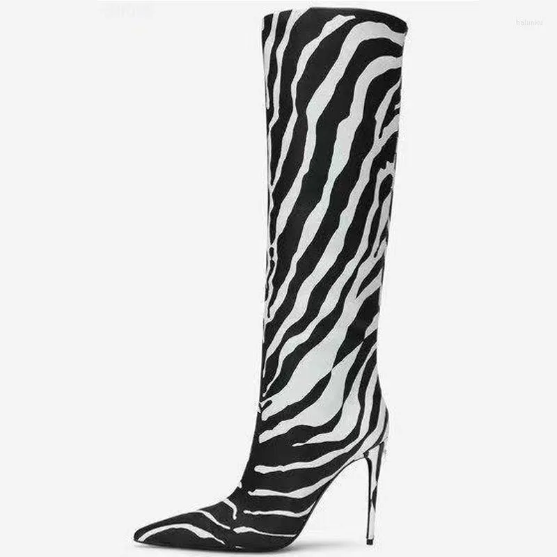Boots Sexy Zebra Print High 2022 Women's Winter Pointed Toe Thin Heel Knee Fashion Party Shoes Botas De Mujer Plus Size