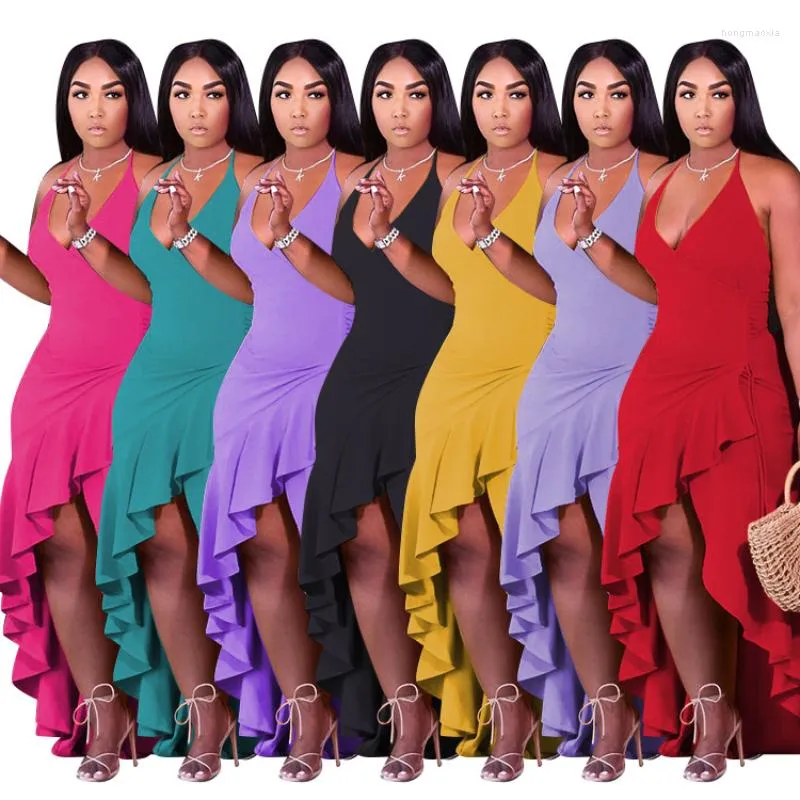 Casual Dresses Solid Color Ruffled Slit Sling Dress Summer Fashion Sexy Women Plus Size Sleeveless Open Back V-neck Elegant Party Banquet