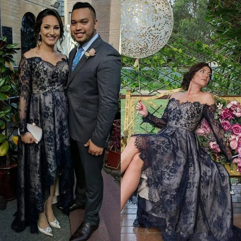Plus Size Black Lace Off Shoulder Blue Lace Prom Dress With Long Sleeves And Applique Detailing Hi Lo Evening Gown For Parties From Meetyy 62 DHgate.Com