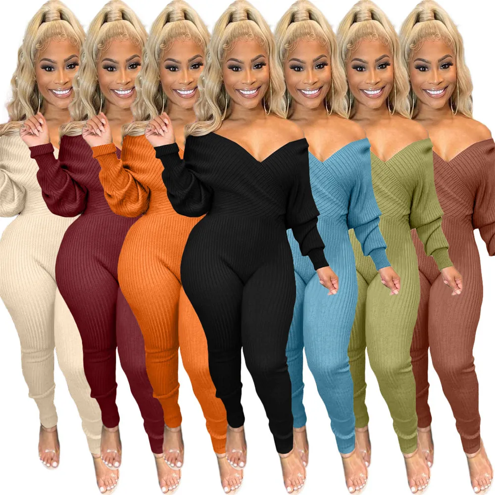 Bulk Gebreide Geribbelde Jumpsuits Vrouwen Lange Mouw Rompertjes Herfst Winter Kleding Sexy V-hals Bodycon Jumpsuits Casual Effen Overalls Gebreide Truien Leggings 8417