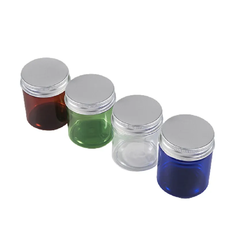 Imballaggio vuoto Bottiglia di plastica Marrone Verde Blu Vaso crema trasparente 50G 80G Coperchio in alluminio Scatola per imballaggio Contenitore cosmetico ricaricabile portatile