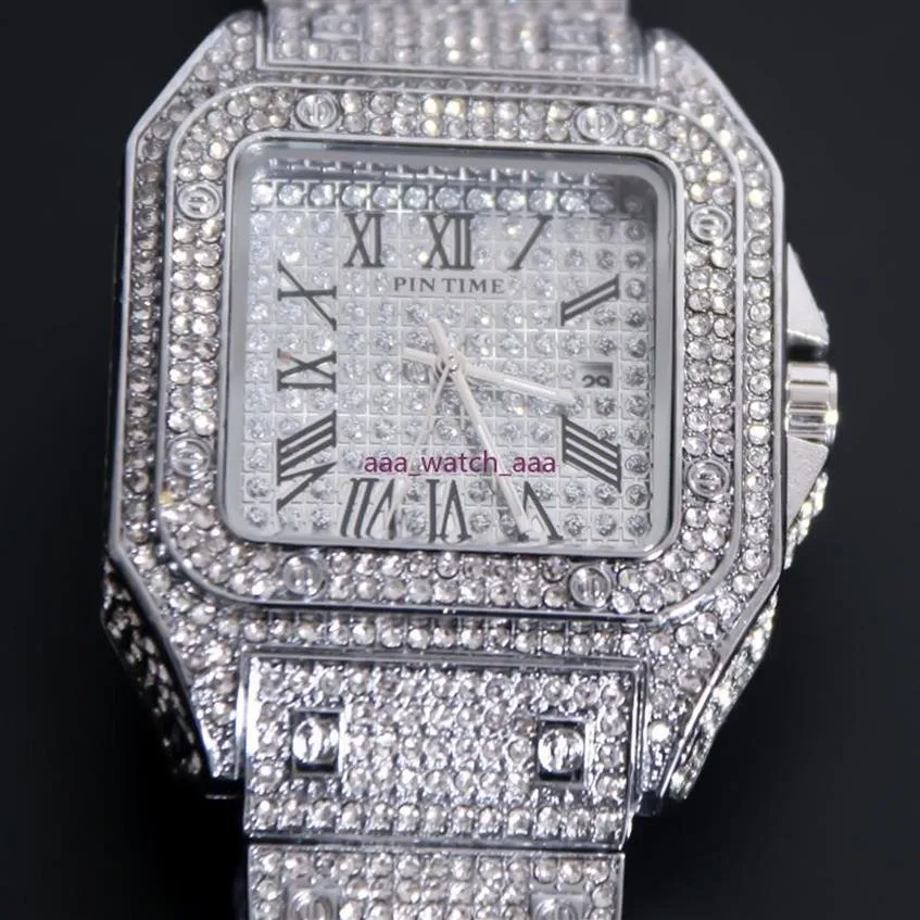 Iced Out Men Watch Square Diamond Quartz Luxury Mens handledsklockor Guld Romerska kalenderstålklocka Relogio Masculino New 201118245s