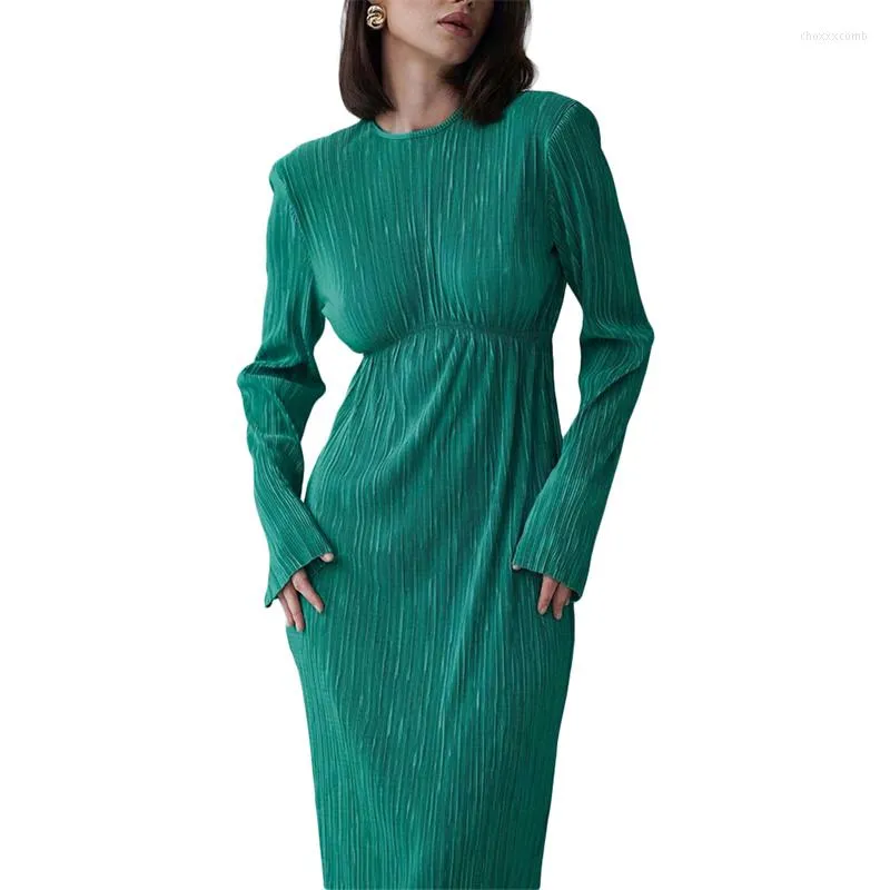 Casual Dresses Hirigin Fashion Elegant Ladies Round Neck Long Sleeve Solid Open Back Pleated Dress Women Party Prom Autumn Spring