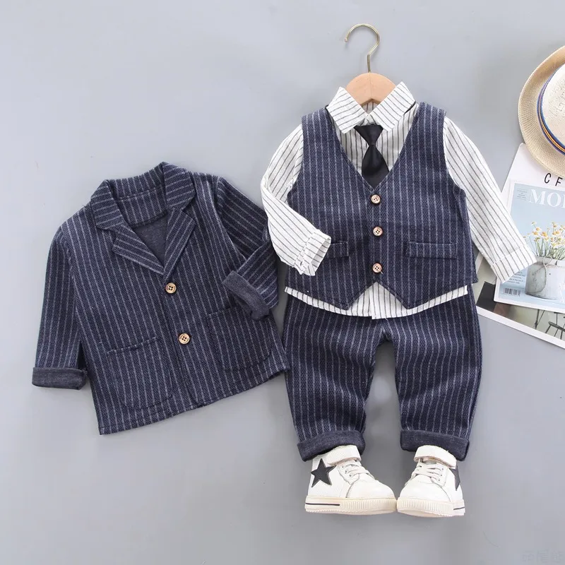 Children Clothes Spring Autumn Baby Boys Clothing Infant Lapel Stripe Suit Vest T-Shirt Pants 4pcs/sets Toddler Casual Suit 0-4 Years