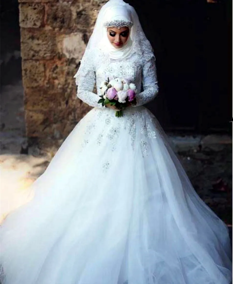 2023 Müslüman Hijab Bir Çizgi Gelinlik Uzun Kollu Gelin Gowns Beyaz Tül Dantel Aplike Boncuklu Mütevazı Arap Dubai İslami Vestido De Novia