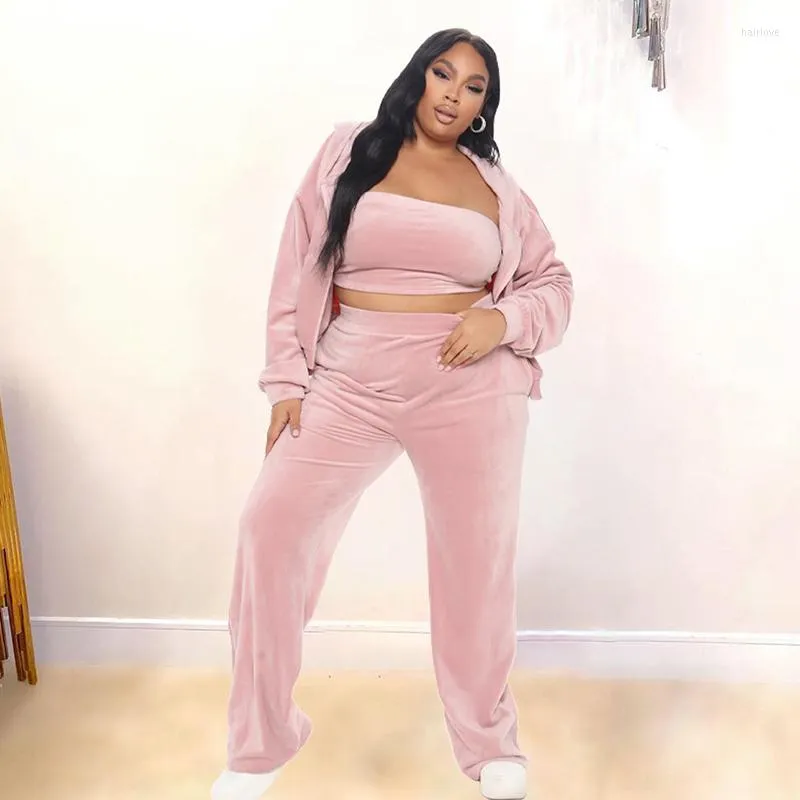 Tracksuits Plus Size Set Women Velour Tracksuit Sexy Vest And Long Sleeve Hooded Pants Sets Ladies Jogging Suits Drop Wholesale