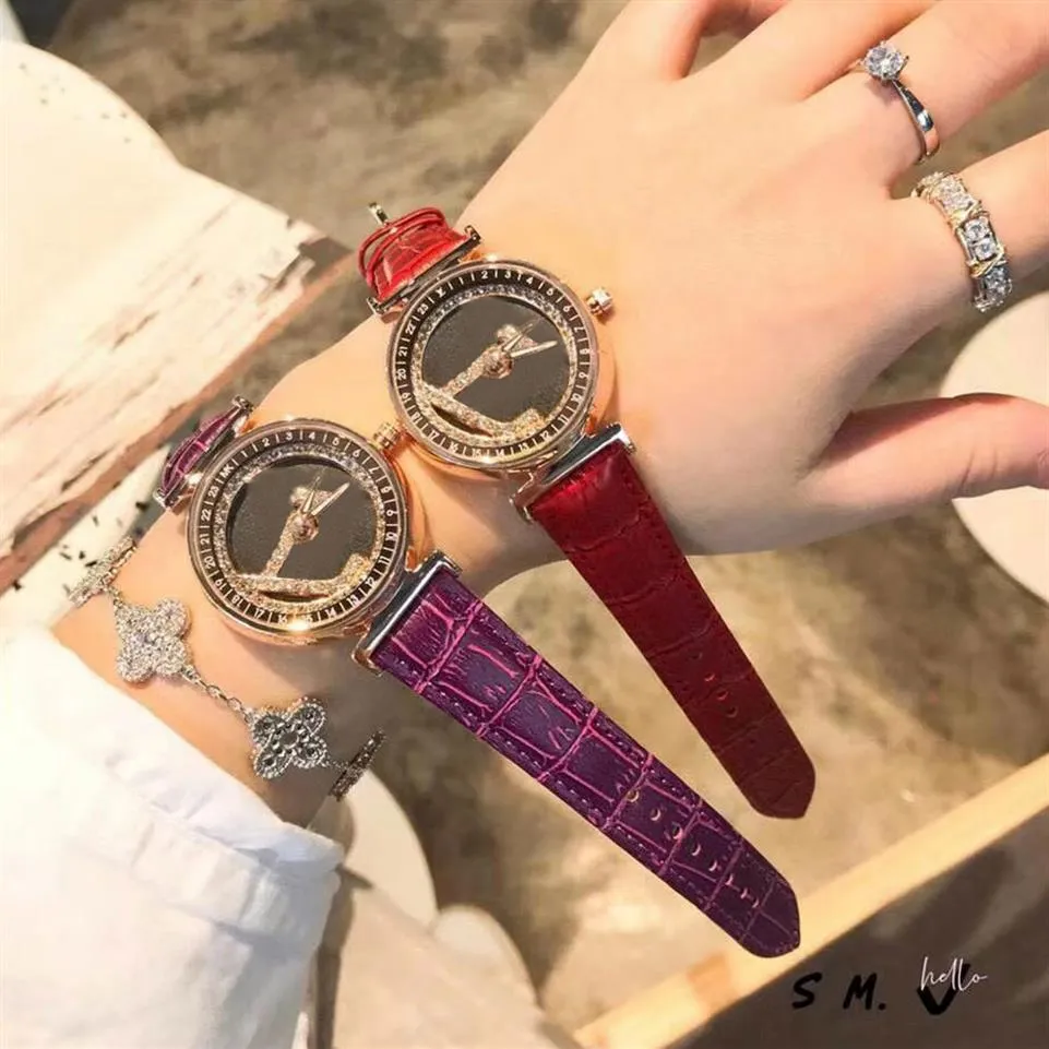 Montres de marque pour femmes Lady cristal Grandes lettres style Bracelet en cuir Montre-bracelet à quartz L502133