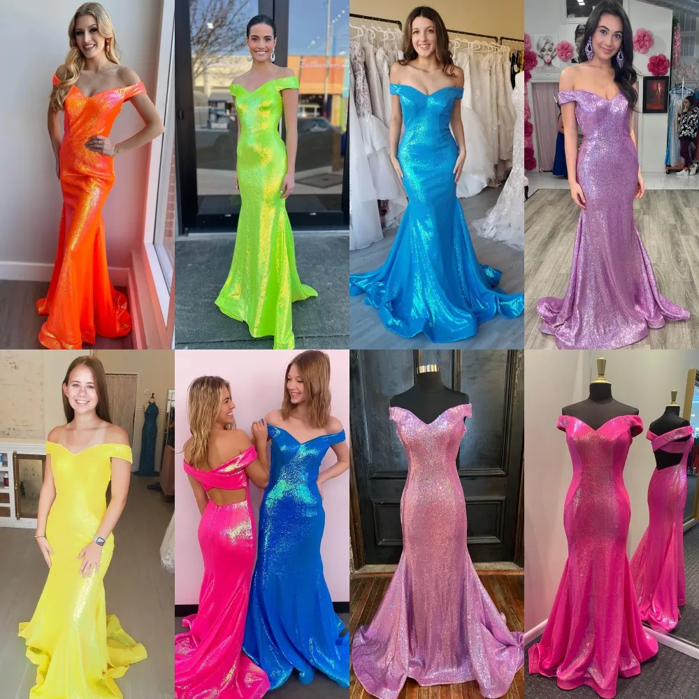 Paillettes Longue Robe De Bal 2k23 Off-Shoulder Fit and Flare Winter Court Warming Soirée Formelle Robe De Soirée De Mariage Pageant Gala Piste Tapis Rouge Vert Fluo Fuchsia Violet