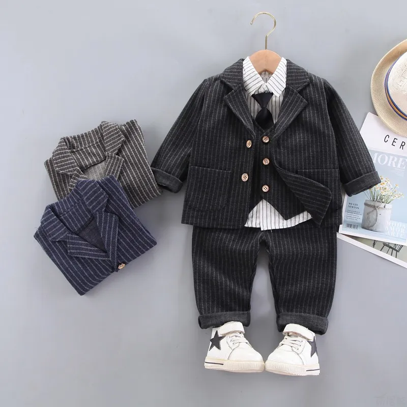 Herfst Baby Boy Gentleman Formeel Pak Shirt met Stropdas Jas Vest Broek 4 Stuks Sets Kinderkleding Set Bruiloft Jurk outfits