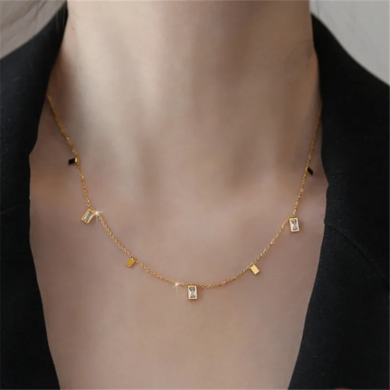 Punk Hip Hop Jewelry 316L Titanium Steel Chains Necklace Designer 18k Gold South American White Crystal Square Pendant Choker Necklaces Chain for Woman Chokers Gift