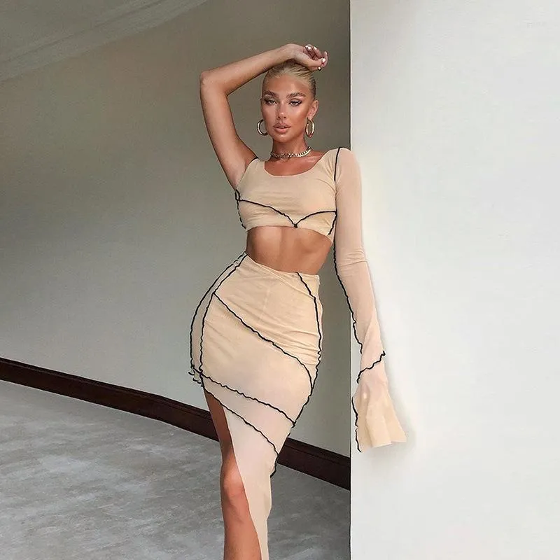 Skirts Skirt Women's Fashion 2022 Summer Personality Single-sleeve Mesh Cropped Navel Irregular Two-piece Set