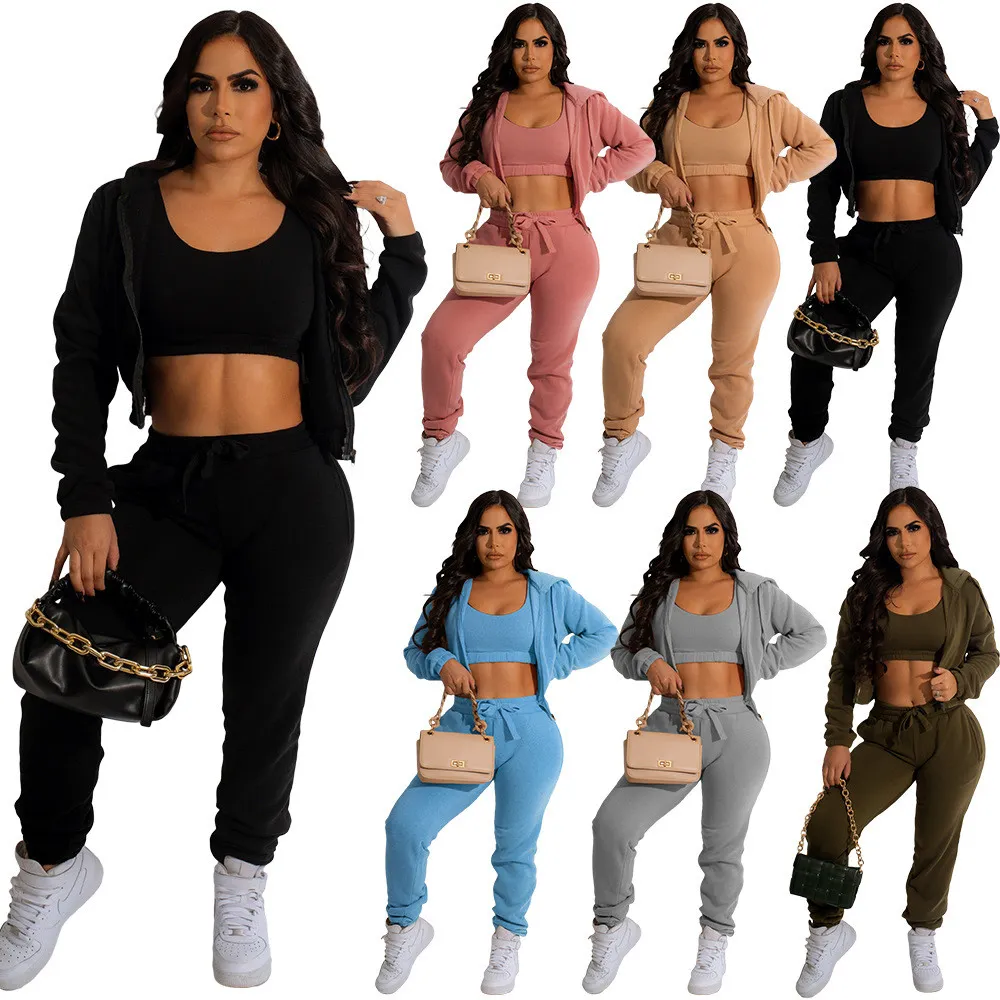 H￶stvinterbanor 3 stycken s￤tter kvinnor l￥ng￤rmad tr￶jor avslappnad huva jacka tank top och byxor matchande set casual sports kostymer sportkl￤der kl￤der 8748