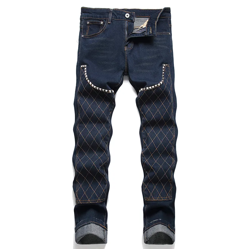 Våren retro nitar män jeans mörkblå sömmar collage slim-fit stretch byxor sommar casual denim byxor manliga pantalones para hombre vaqueros