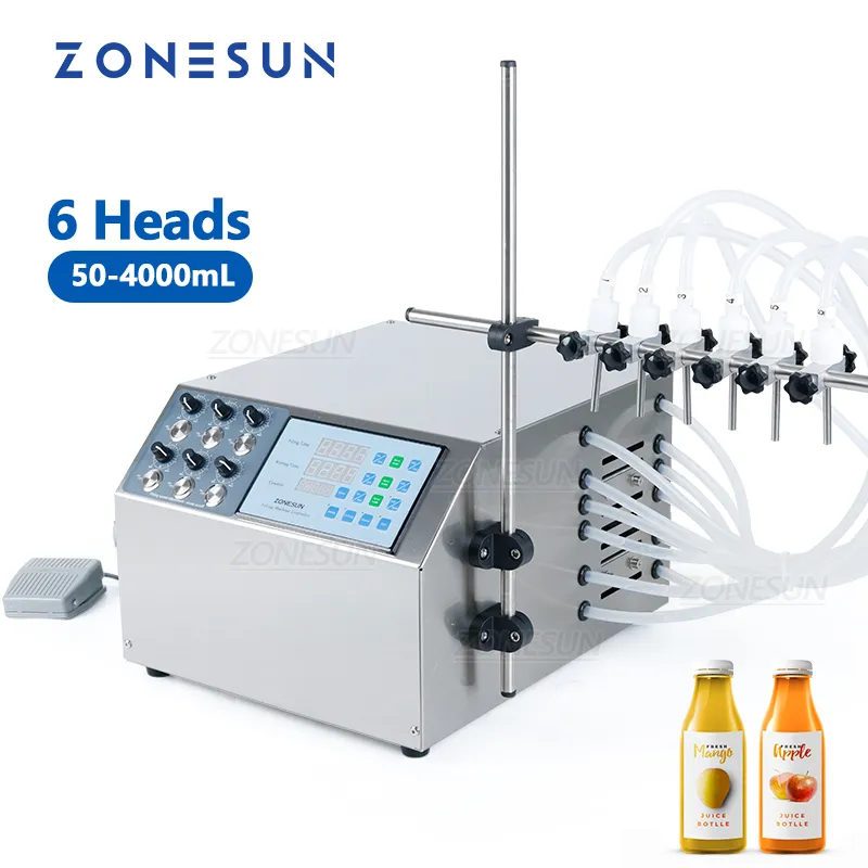 Zonesun 6 رأس آلة تعبئة شبه آلية عصير الفاكهة ماء تعبئة الزجاجات السائل السائل الموزع ZS-DPYT6P