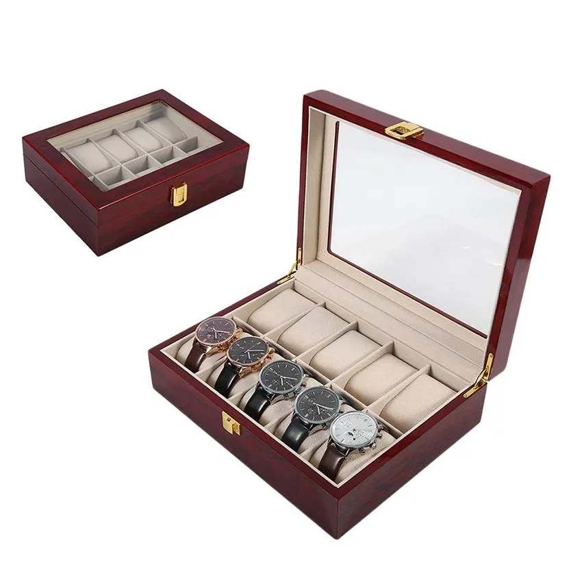 Luxe 10 grilles en bois montre-bracelet boîte d'affichage bijoux stockage organisateur cas montre box240o