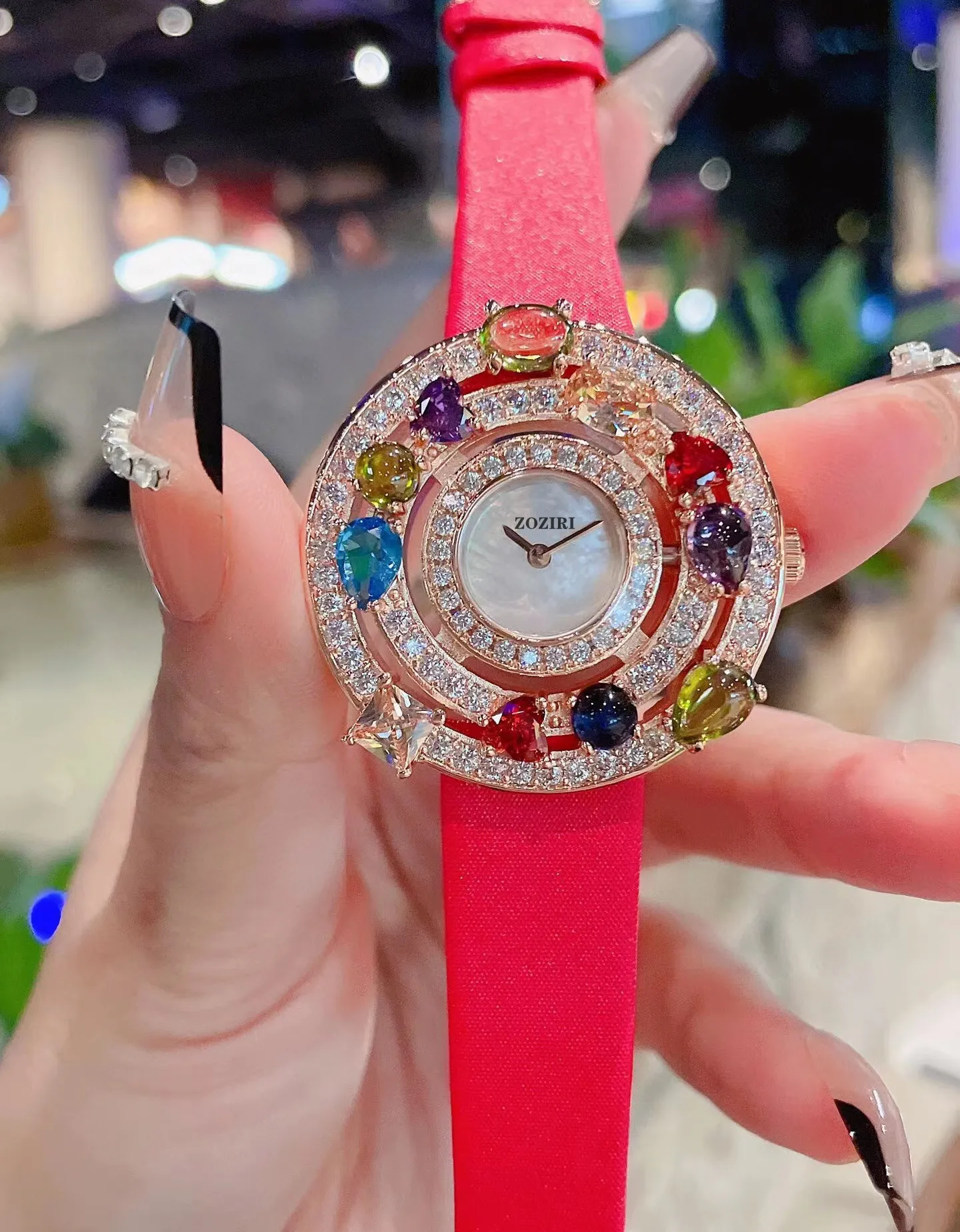 36mm Colored Gemstone Women Quartz Watch Stainless Steel 3 Circle Zircon Round Shell Dial Clock